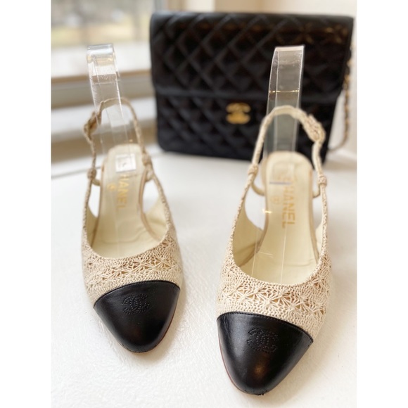 CHANEL Shoes - SALE✨ Chanel CC Logo Cap Toe Crochet Slingback Sandals